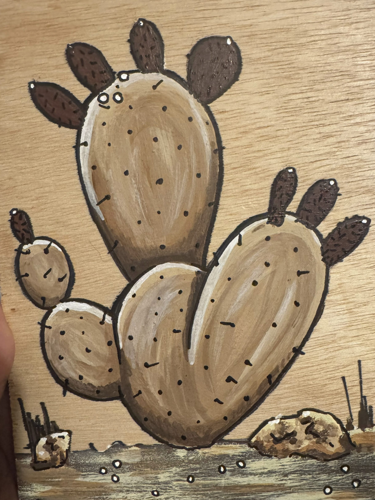 Hand-painted prickly pear cactus on wood