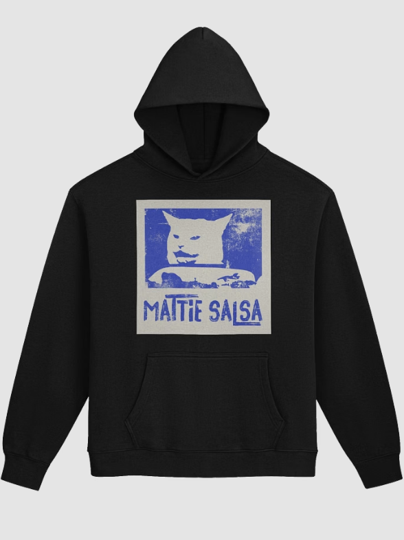 Black hoodie with a 'Mattie Salsa' cat design