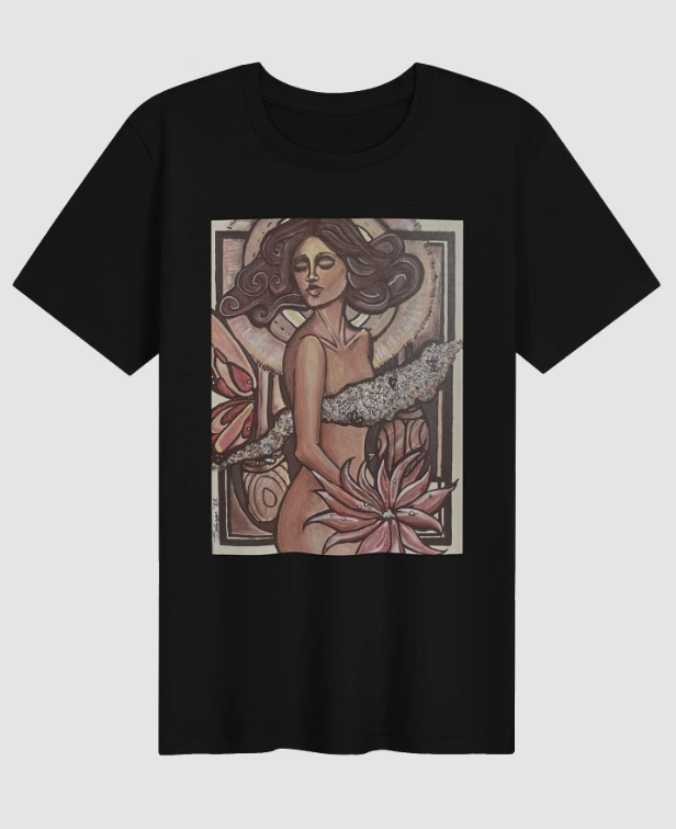 Black t-shirt printed with a figure-and-floral painting