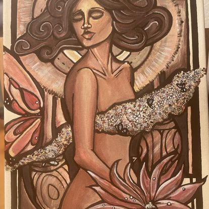 Painting of a woman with butterfly wings and flowers