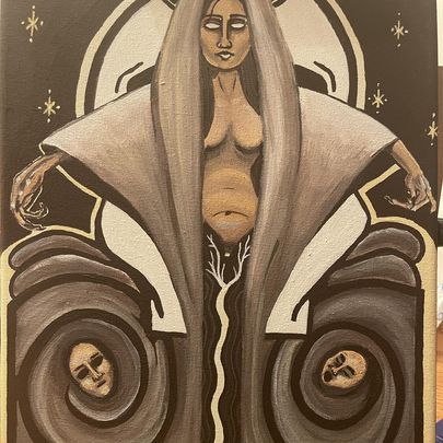 Painting of a hooded mystic figure