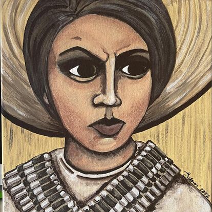 Portrait painting of a woman in a bullet-belt vest